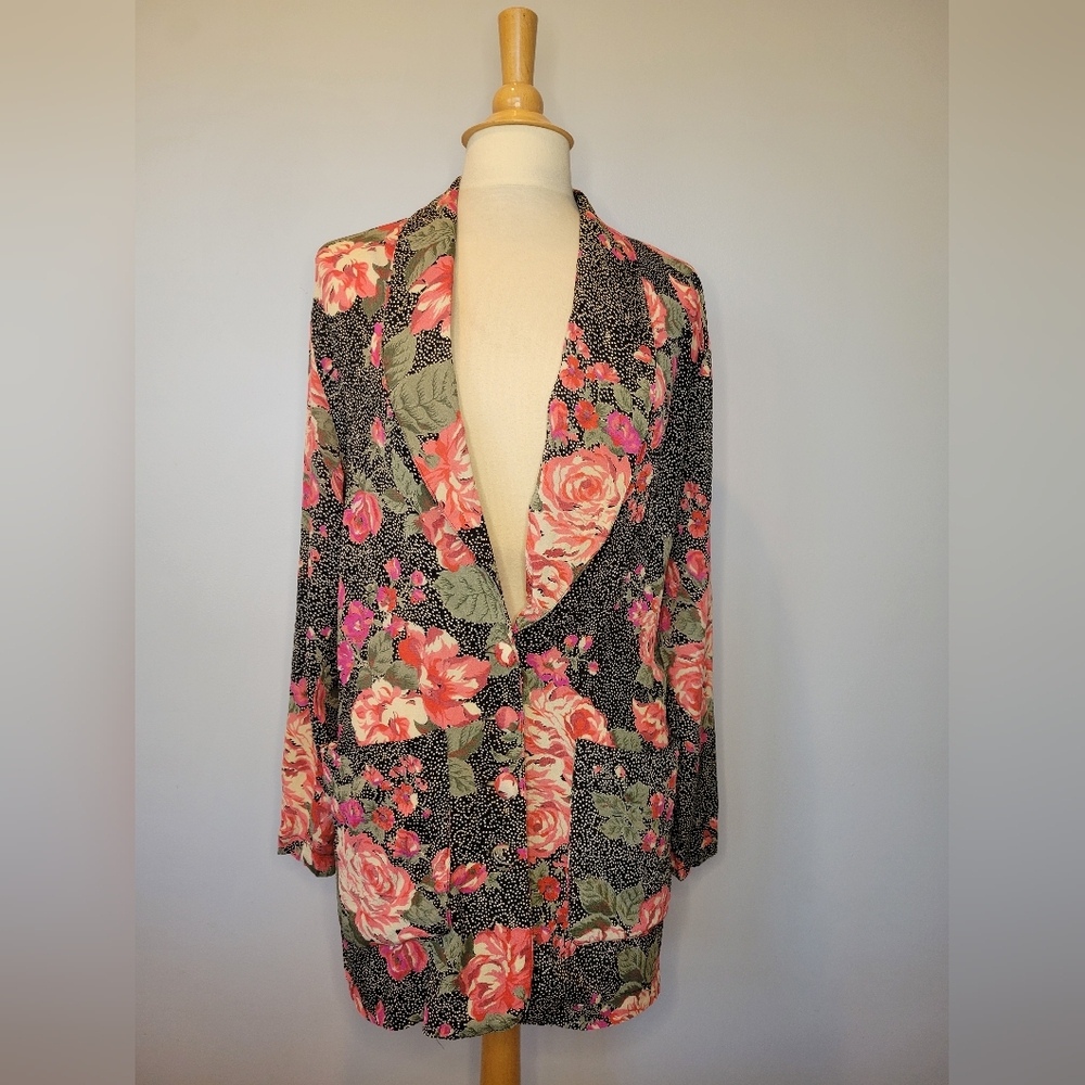 VTG! Sue Wong Moody Floral Rose  Romantic Polka Dot Textured Blazer Jacket SZ S